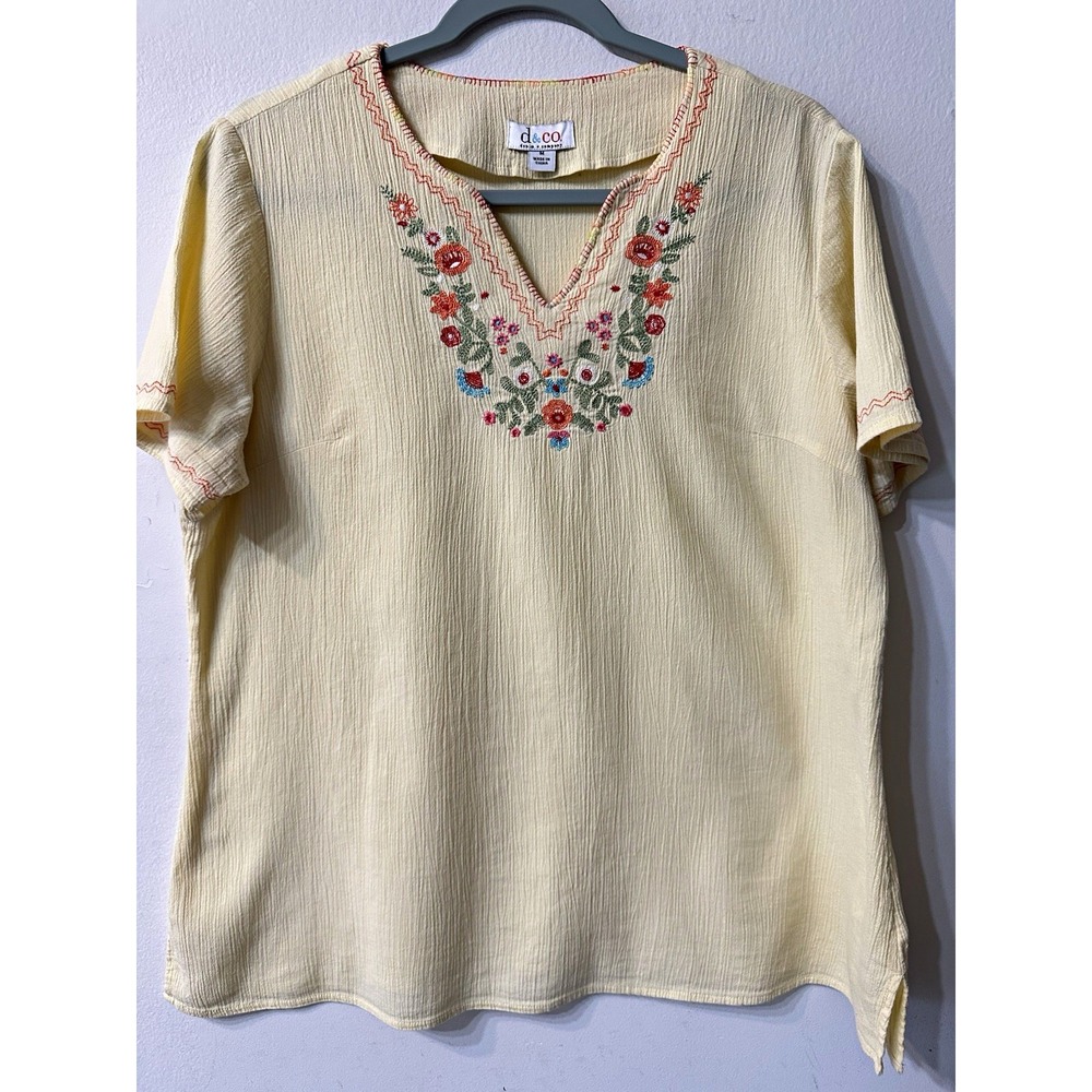 d&co Denim & Co Medium M Yellow Crinkle Gauze V-Neck Floral Embroidered Top Boho